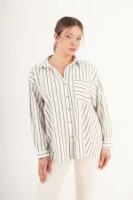 Keten Haki Çizgili Cepli Dökümlü Toptan Gömlek