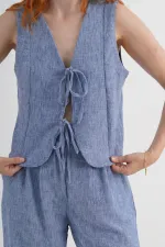 Ön Bağlama Detaylı Yelek Ve Pantolon İndigo Toptan İkili Takım