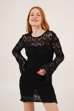 Ajurlu Kayık Yaka Toptan Siyah Elbise