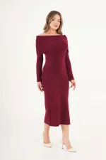 Madonna Yaka Toptan Bordo Triko Elbise