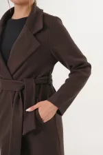 Beli Kuşaklı Astarlı Toptan Kahve Kaşe Kaban