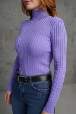 Boğazlı Fitil Detaylı Toptan Triko Lila Kazak