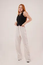 Cepli Bağlama Detaylı Keten Toptan Ekru Pantolon