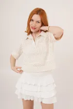 Chemisier ajouré à col polo écru en gros