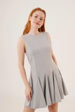 Sıfır Kol Pileli Toptan Gri Mini Elbise