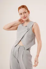 Çift Düğmeli Çapraz Model Gri Toptan Yelek