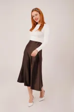 Çan Kesim Midi Kahverengi Toptan Saten Etek