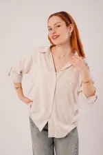 Cep Detay Krem Oversize Çizgili Toptan Gömlek