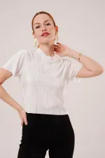 Fitilli Kısa Kollu Parlak Toptan Beyaz Bluz
