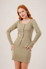 Çizgili Etek Düğmeli Bluz Toptan Haki Takım