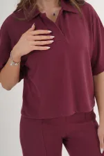 Gömlek Yaka Kısa Kol Bordo Toptan Bluz