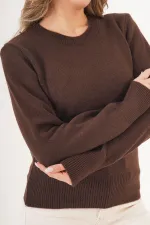 Bisiklet Yaka Düz Model Toptan Kahverengi Kazak