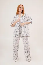 Mavi Çiçek Desenli Toptan Ekru İkili Takım