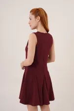 Sıfır Kol Pileli Toptan Bordo Mini Elbise