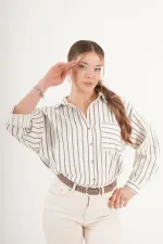 Keten Haki Çizgili Cepli Dökümlü Toptan Gömlek