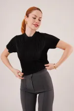 Fitilli Kısa Kollu Parlak Toptan Siyah Bluz