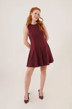 Sıfır Kol Pileli Toptan Bordo Mini Elbise