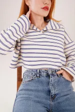Polo Yaka Lacivert Çizgili Toptan Crop Sweatshirt