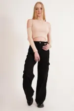 Omuz Detaylı Bisiklet Yaka Toptan Bluz Taş