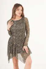 Desenli Asimetrik Kesim Tüllü Toptan Haki Elbise
