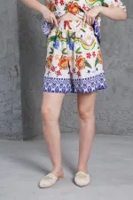 Desenli Şortlu Keten Toptan Bej İkili Takım