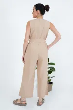 Arkası Fermuarlı Beli Kuşaklı Toptan Vizon Tulum