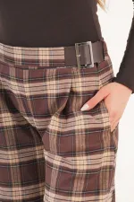 Pantalons à carreaux café en gros avec ceinture détaillée