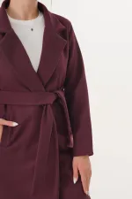 Beli Kuşaklı Astarlı Toptan Bordo Kaşe Kaban