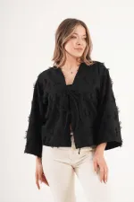 Saçaklı İp Bağlamalı Toptan Siyah Kimono