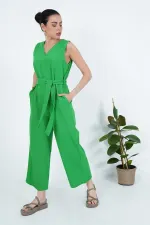 Wholesale Green Jumpsuit with Back Zipper and Waist Belt