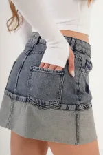 Ucu Katlama Detaylı Eskitme Mini Denim Etek