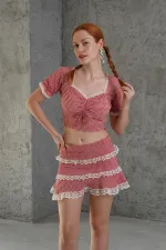 Pötikare Desenli Etek Crop Kırmızı Toptan İkili Takım