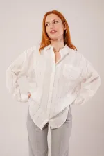 Hakim Yaka Çizgili Cep Detaylı Toptan Beyaz Gömlek