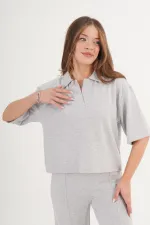Gömlek Yaka Kısa Kol Gri Toptan Bluz