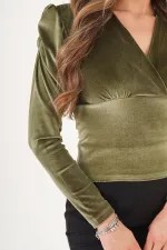 Kruvaze Yaka Vatkalı Kadife Haki Toptan Bluz