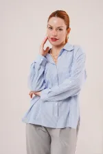 Yarasa Kol Çizgili Cep Detaylı Toptan Mavi Gömlek