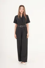 Elegance Kemerli Palazzo Toptan  Siyah Tulum