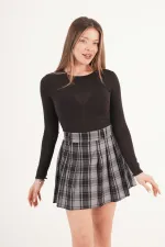 Pileli Yüksek Bel Astarı Şortlu Toptan Gri Mini Etek