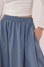 Bel Lastikli Cep Detaylı Uzun Mavi Toptan Etek