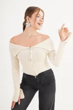 Madonna Yaka Full Fermuarlı Toptan Taş Triko Bluz