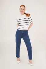 Çizgili Kısa Kol Beyaz Lacivert Toptan Bluz