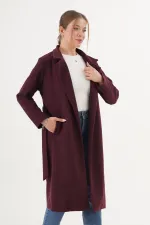 Beli Kuşaklı Astarlı Toptan Bordo Kaşe Kaban