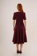 Dikiş Detaylı Kısa Kollu Toptan Bordo Uzun Elbise