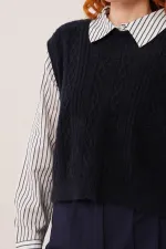 Kol Ve Yaka Gömlek Detaylı Lacivert Toptan Triko Kazak