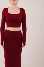 Kare Yaka Bluz Ve Yırtmaç Detaylı Etek Toptan İkili Bordo Takım