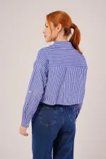 Crop Model Cepli Ve Çizgili Mavi Toptan Gömlek