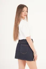 Taş İşlemeli Işıltılı Koyu Kot Toptan Mini Denim Etek