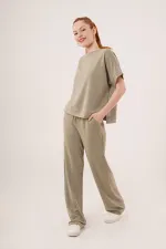 Modal Kısa Kollu Üst Ve Geniş Paça Eşofman İkili Toptan Yağ Yeşili Takım