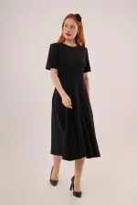 Dikiş Detaylı Kısa Kollu Toptan Siyah Uzun Elbise