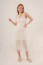 Robe ajourée à col en V et détails à pompons couleur crème en gros